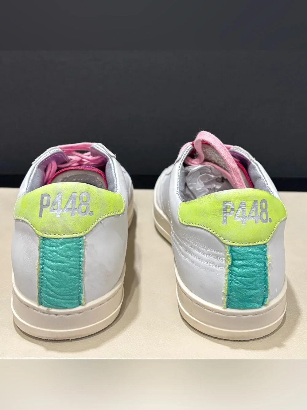 P448 Leather Sneaker John Dogma Low Top, White, Size 36, Neon Retro 80s Beach